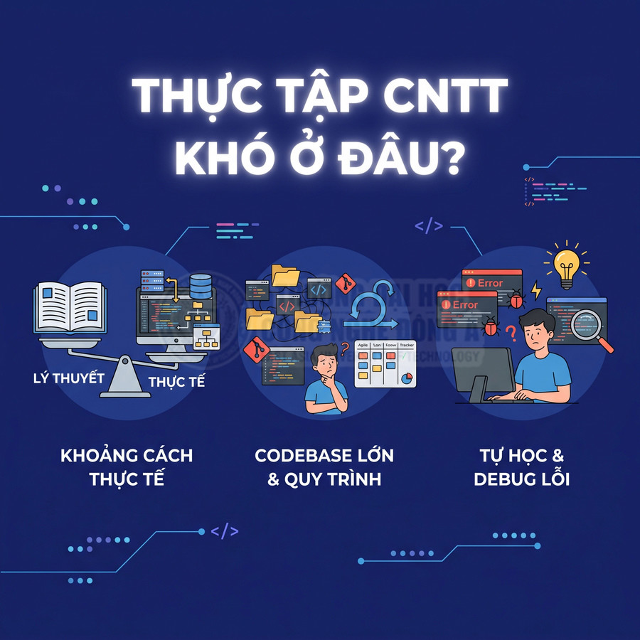 Thực tập CNTT khó ở đâu với minh họa khoảng cách lý thuyết thực tế, codebase lớn và tự học debug lỗi