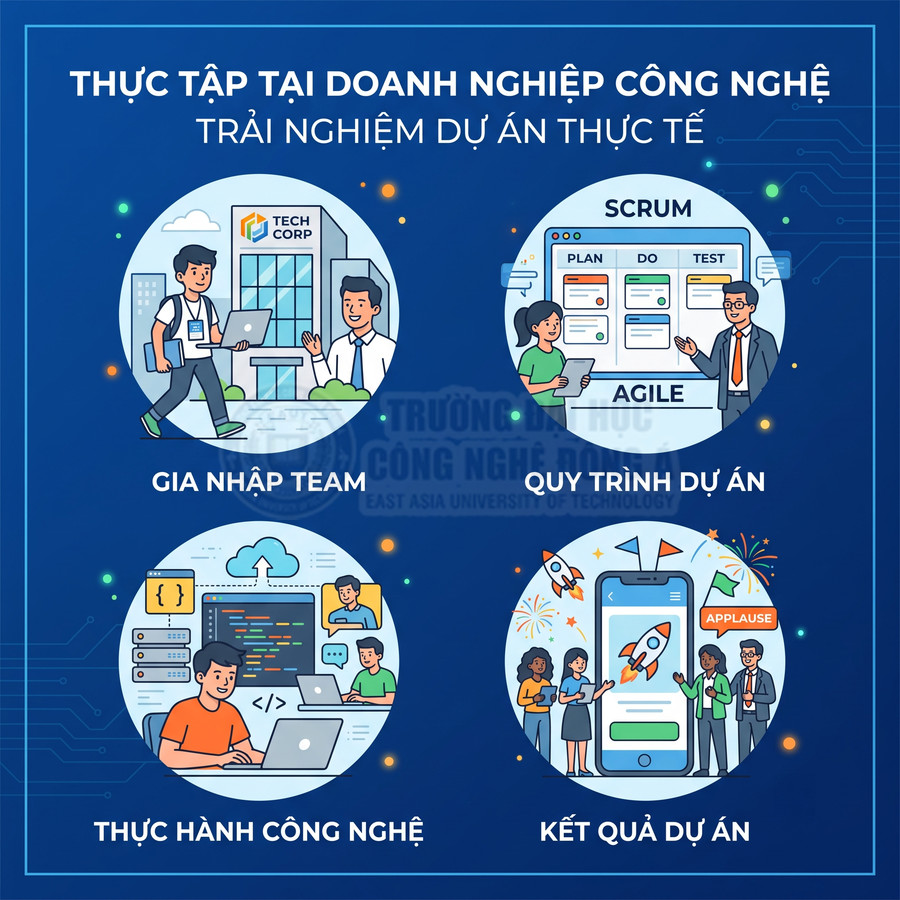 Poster chương trình thực tập doanh nghiệp công nghệ với các bước gia nhập team, quy trình dự án, thực hành và kết quả dự án