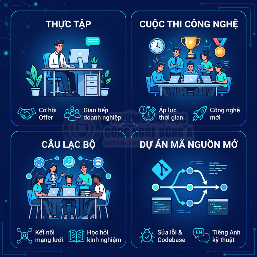 Mô hình minh họa sinh viên công nghệ thông tin thực tập, thi công nghệ, tham gia câu lạc bộ và dự án mã nguồn mở