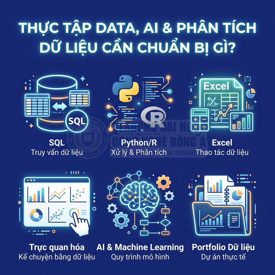 Các kỹ năng cần chuẩn bị khi thực tập data AI gồm SQL Python R Excel trực quan hóa AI machine learning và portfolio dữ liệu