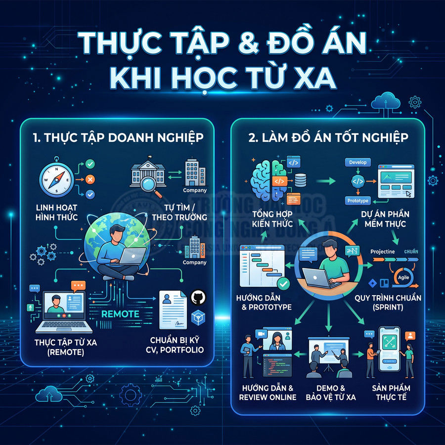 Infographic quy trình thực tập doanh nghiệp và làm đồ án tốt nghiệp khi học từ xa trong lĩnh vực công nghệ thông tin