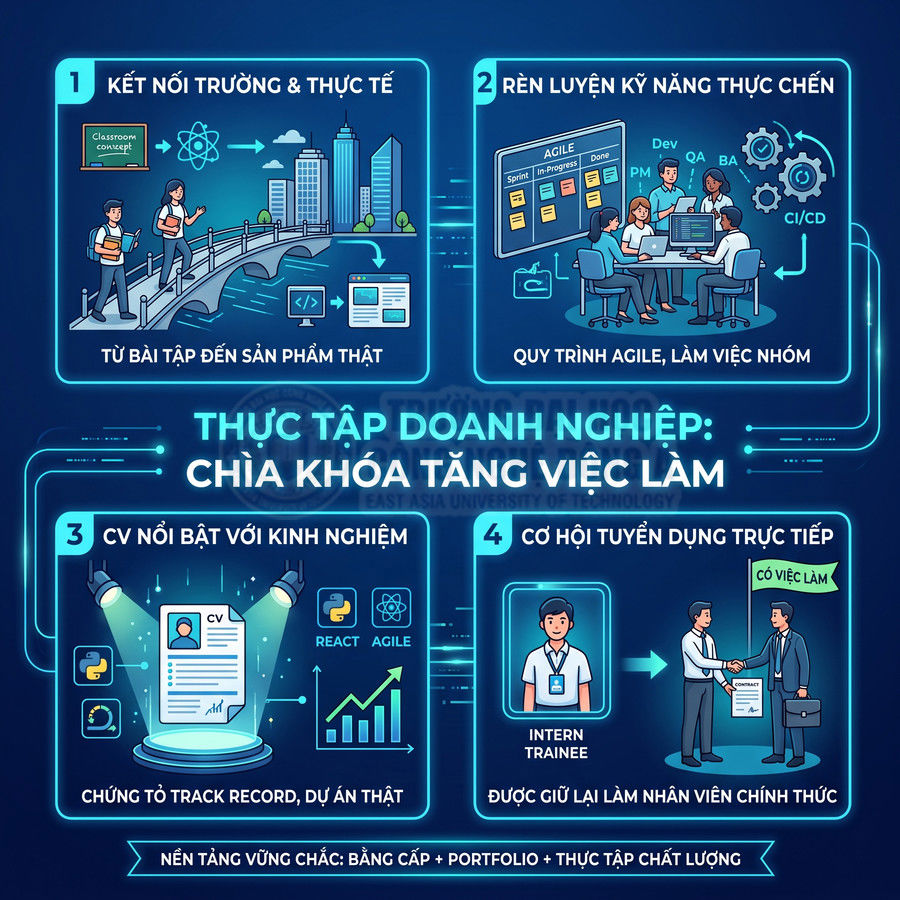 Infographic lợi ích thực tập doanh nghiệp cho sinh viên CNTT: kết nối thực tế, rèn kỹ năng, tăng kinh nghiệm và cơ hội việc làm
