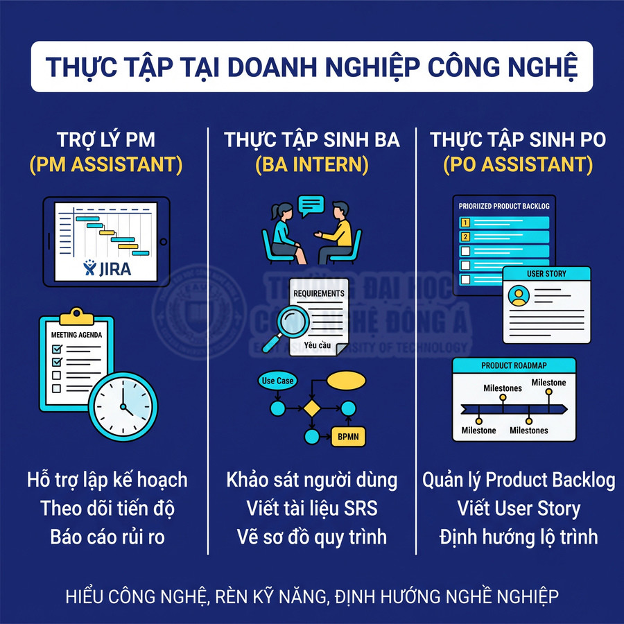 Chương trình thực tập công nghệ với vị trí trợ lý PM, thực tập sinh BA và thực tập sinh PO cùng mô tả nhiệm vụ