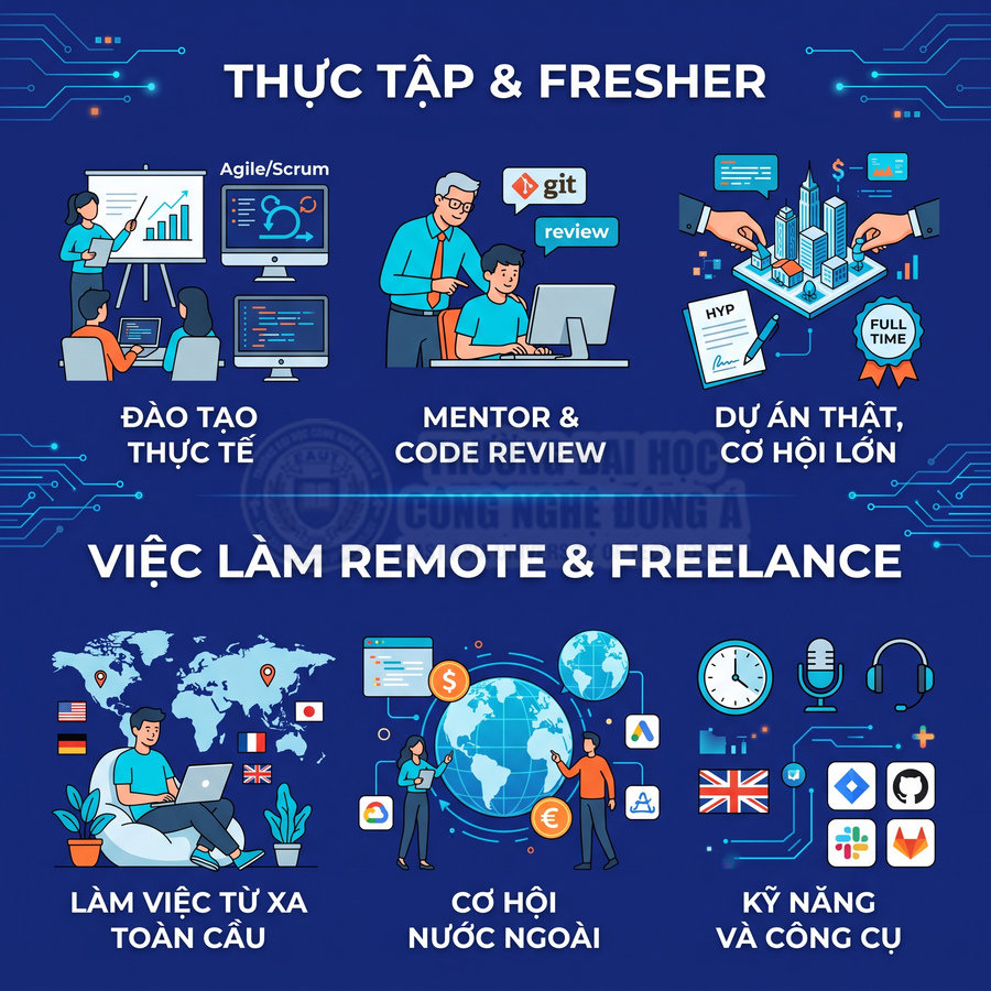 Poster chương trình thực tập fresher IT, đào tạo thực tế, mentor code review, việc làm remote và freelance toàn cầu