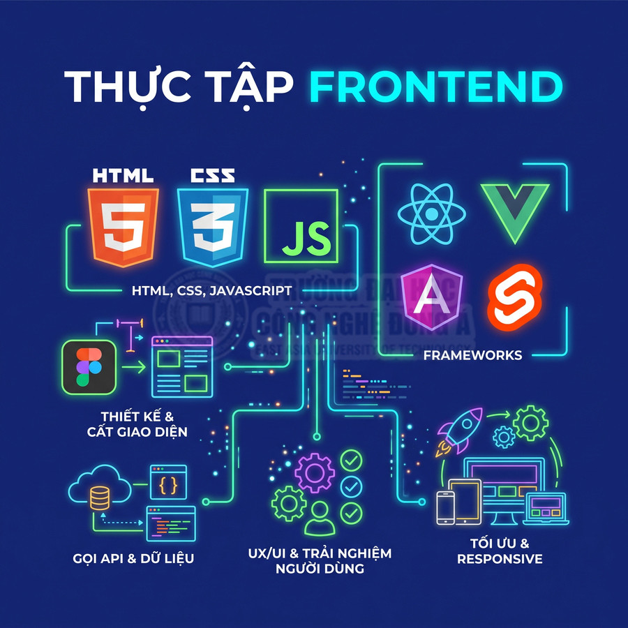 Thực tập frontend với HTML CSS JavaScript React Vue Angular Svelte Figma UX UI và tối ưu responsive