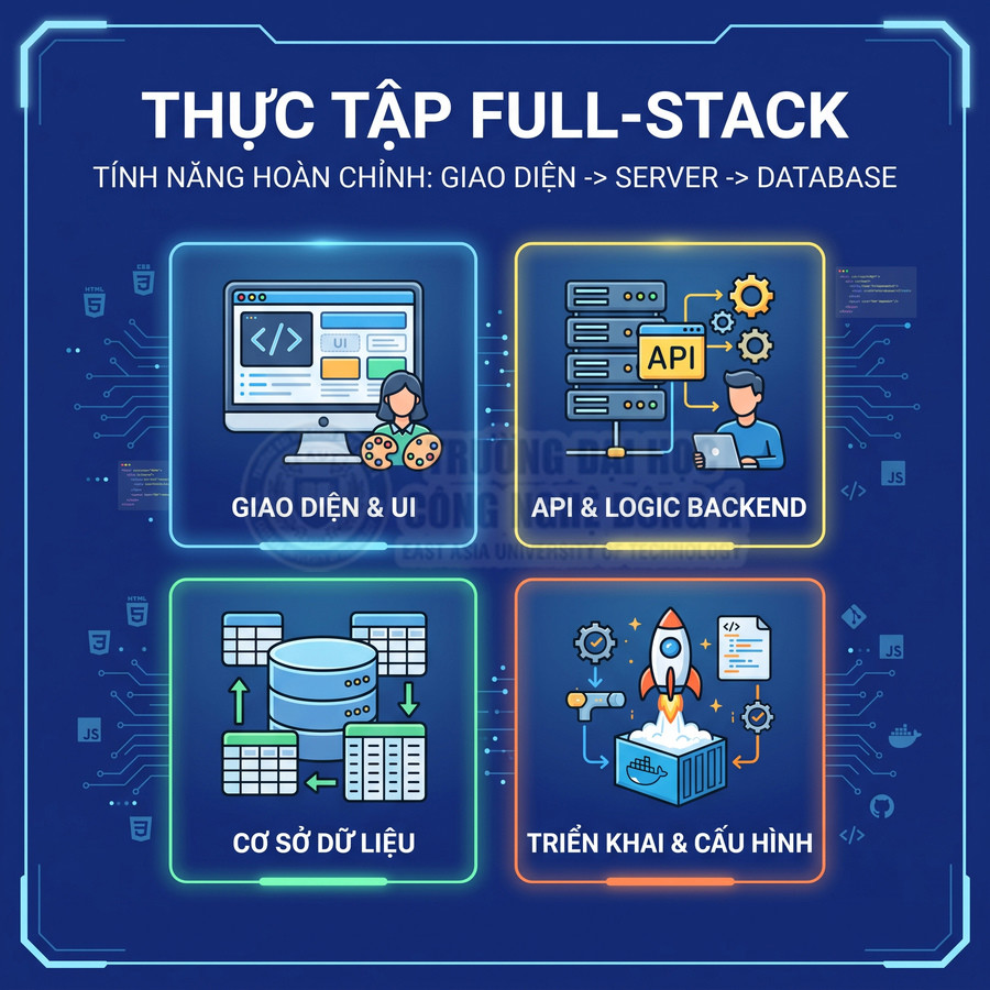 Poster chương trình thực tập full stack với các mảng giao diện UI, API backend, cơ sở dữ liệu và triển khai cấu hình