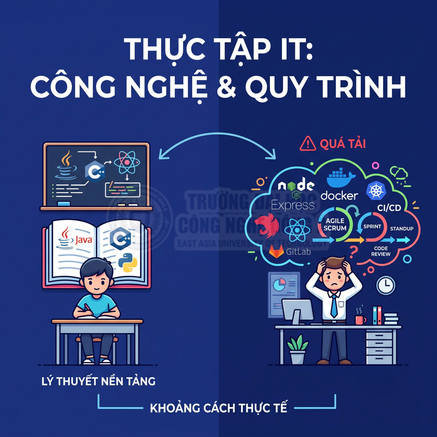 Thực tập IT minh họa khoảng cách giữa lý thuyết Java C Python và công nghệ thực tế như Node.js Docker CI CD Agile