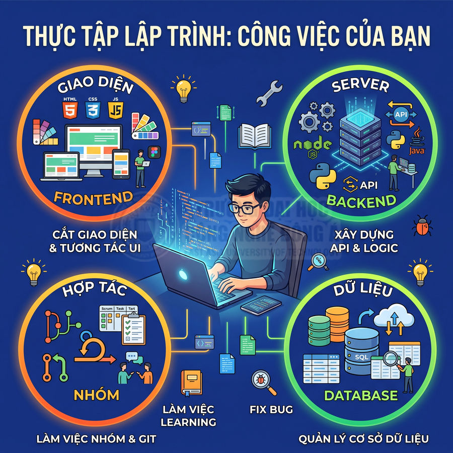 Thực tập sinh lập trình ngồi laptop, minh họa công việc frontend backend database và làm việc nhóm