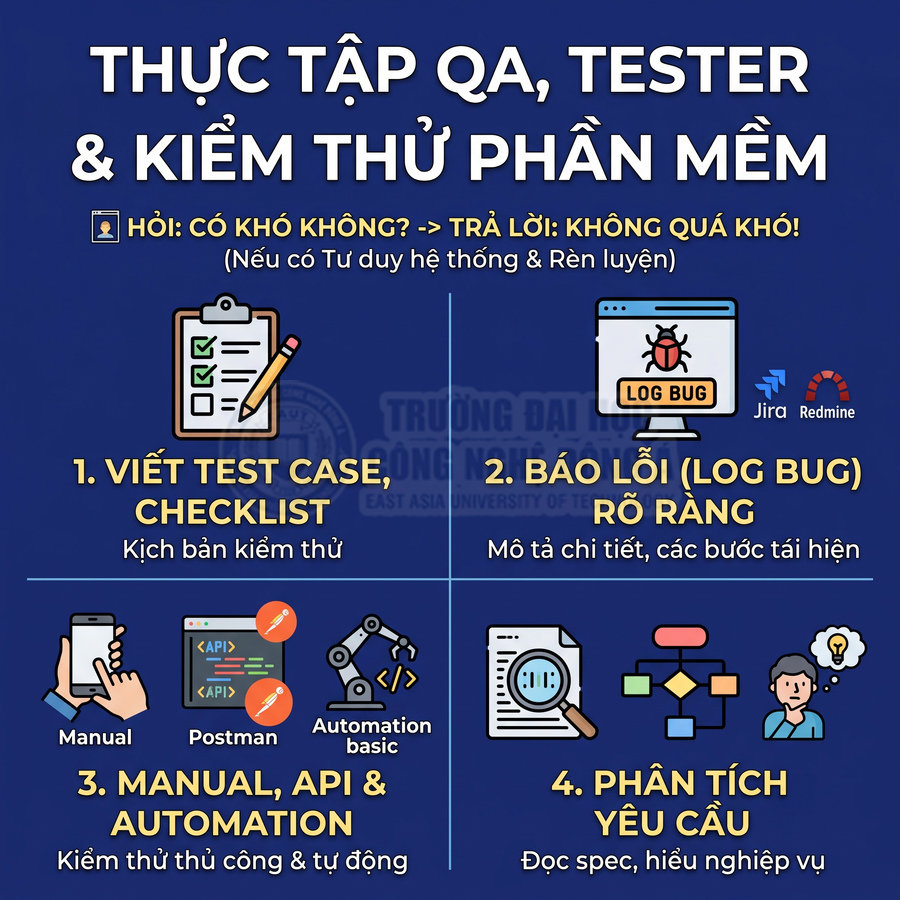 Nội dung hướng dẫn thực tập QA tester kiểm thử phần mềm với 4 kỹ năng viết test case báo lỗi manual API automation phân tích yêu cầu