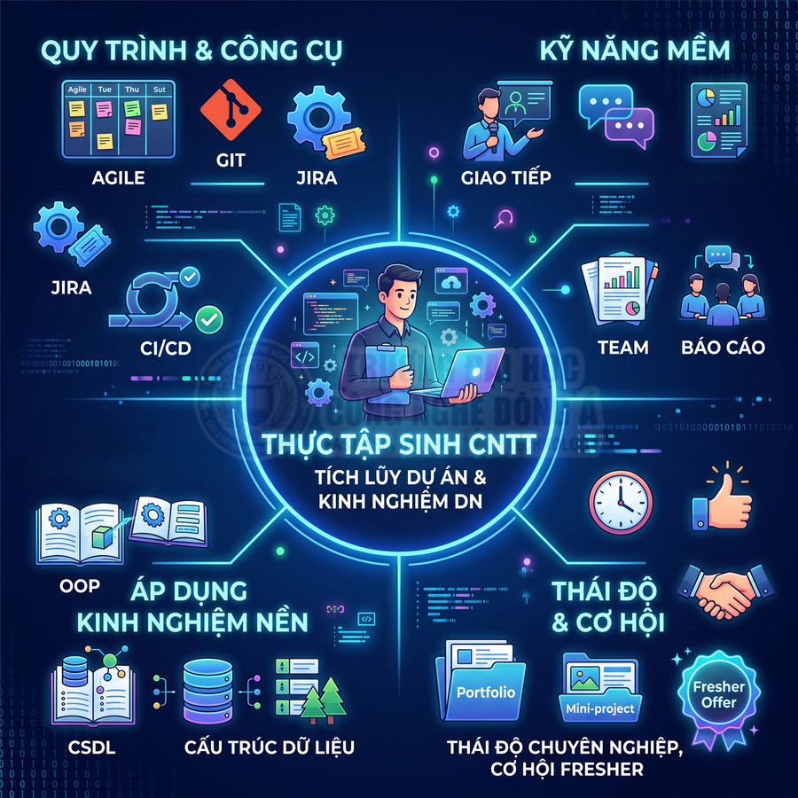 Infographic kỹ năng và kiến thức cần có cho thực tập sinh công nghệ thông tin, từ quy trình, kỹ thuật đến thái độ và cơ hội