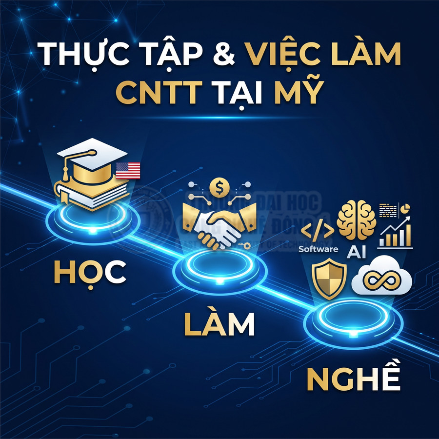 Poster chương trình thực tập và việc làm ngành công nghệ thông tin tại Mỹ với các biểu tượng học làm nghề
