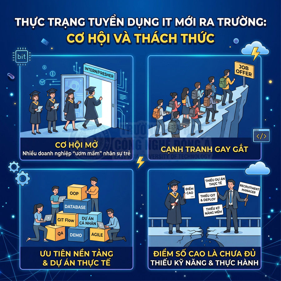 Infographic cơ hội và thách thức tuyển dụng IT cho sinh viên mới ra trường, nhấn mạnh kỹ năng và dự án thực tế
