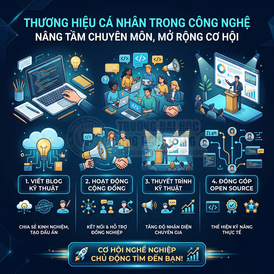 Infographic thương hiệu cá nhân trong công nghệ với các hoạt động blog, cộng đồng, thuyết trình và đóng góp open source