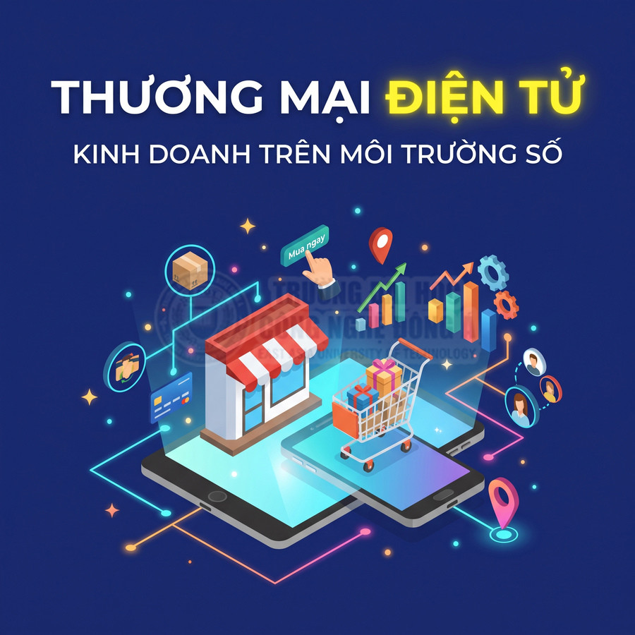 Minh họa thương mại điện tử với cửa hàng trực tuyến, điện thoại thông minh, giỏ hàng và biểu đồ kinh doanh số