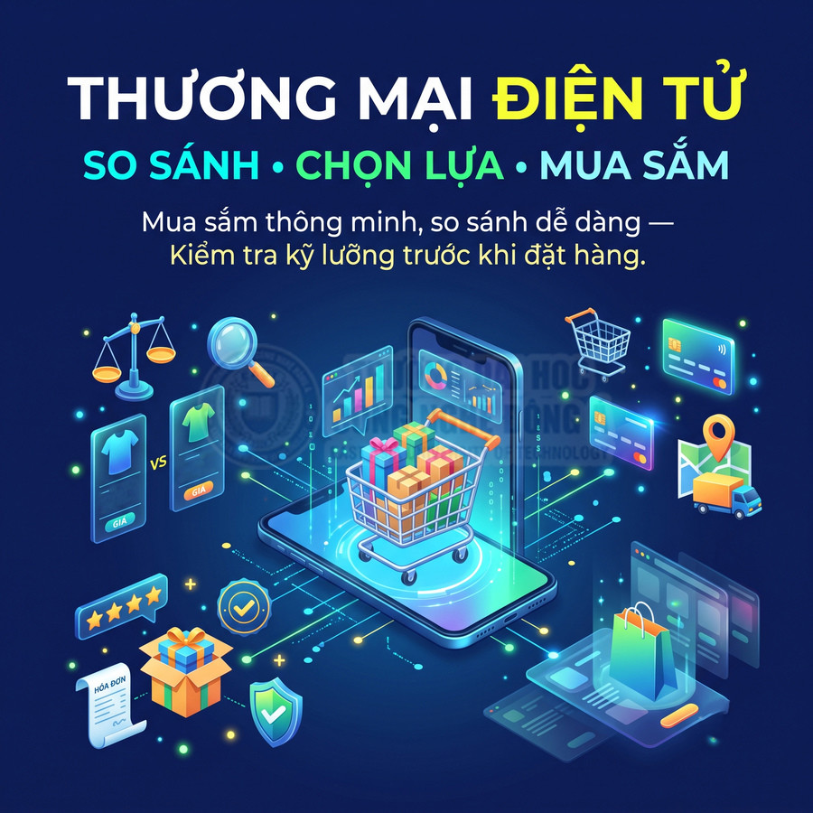 Điện thoại hiển thị giỏ hàng mua sắm trực tuyến cùng biểu tượng so sánh sản phẩm, thanh toán và giao hàng
