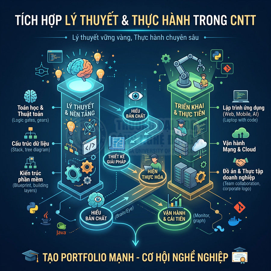 Infographic lộ trình học CNTT tích hợp lý thuyết nền tảng và triển khai thực tiễn, tạo portfolio và cơ hội nghề nghiệp