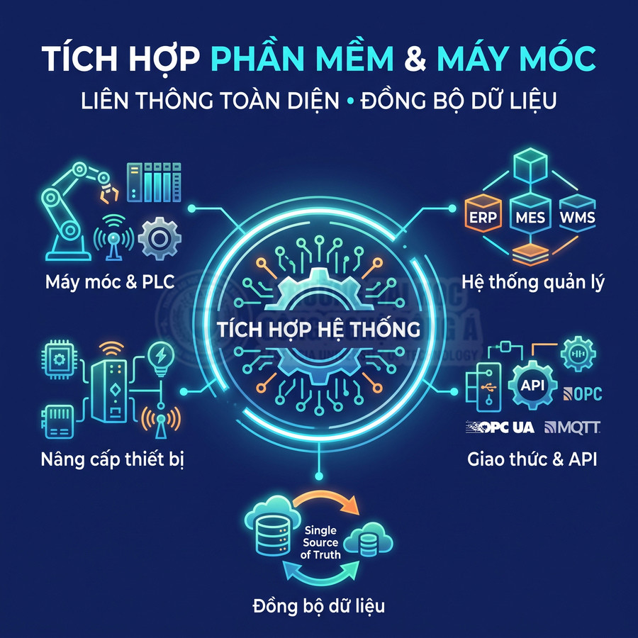 Tích hợp phần mềm và máy móc, kết nối PLC, ERP, MES, WMS, API và đồng bộ dữ liệu.