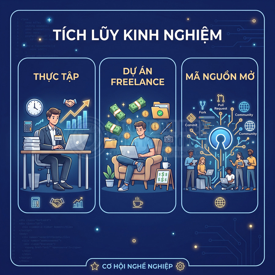 Minh họa cơ hội nghề nghiệp IT qua thực tập, dự án freelance và tham gia mã nguồn mở