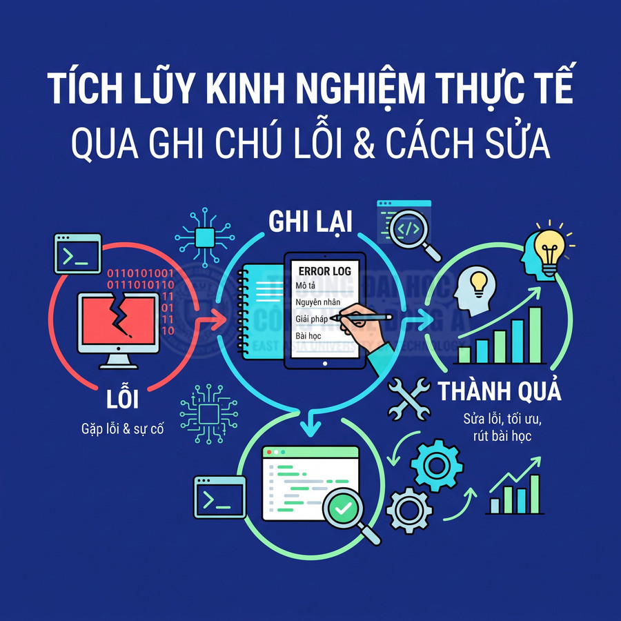 Minh họa quy trình ghi chú lỗi và cách sửa để tích lũy kinh nghiệm, tối ưu và rút ra bài học trong lập trình