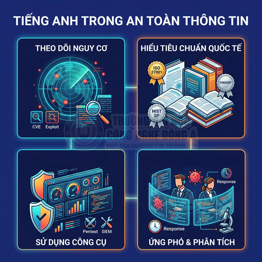 Tiếng Anh trong an toàn thông tin với theo dõi nguy cơ, tiêu chuẩn quốc tế, sử dụng công cụ và ứng phó phân tích