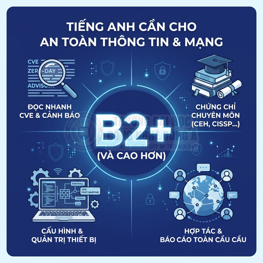 Tiếng Anh B2 plus cho ngành an toàn thông tin và mạng với kỹ năng đọc cảnh báo, cấu hình thiết bị, chứng chỉ và hợp tác quốc tế