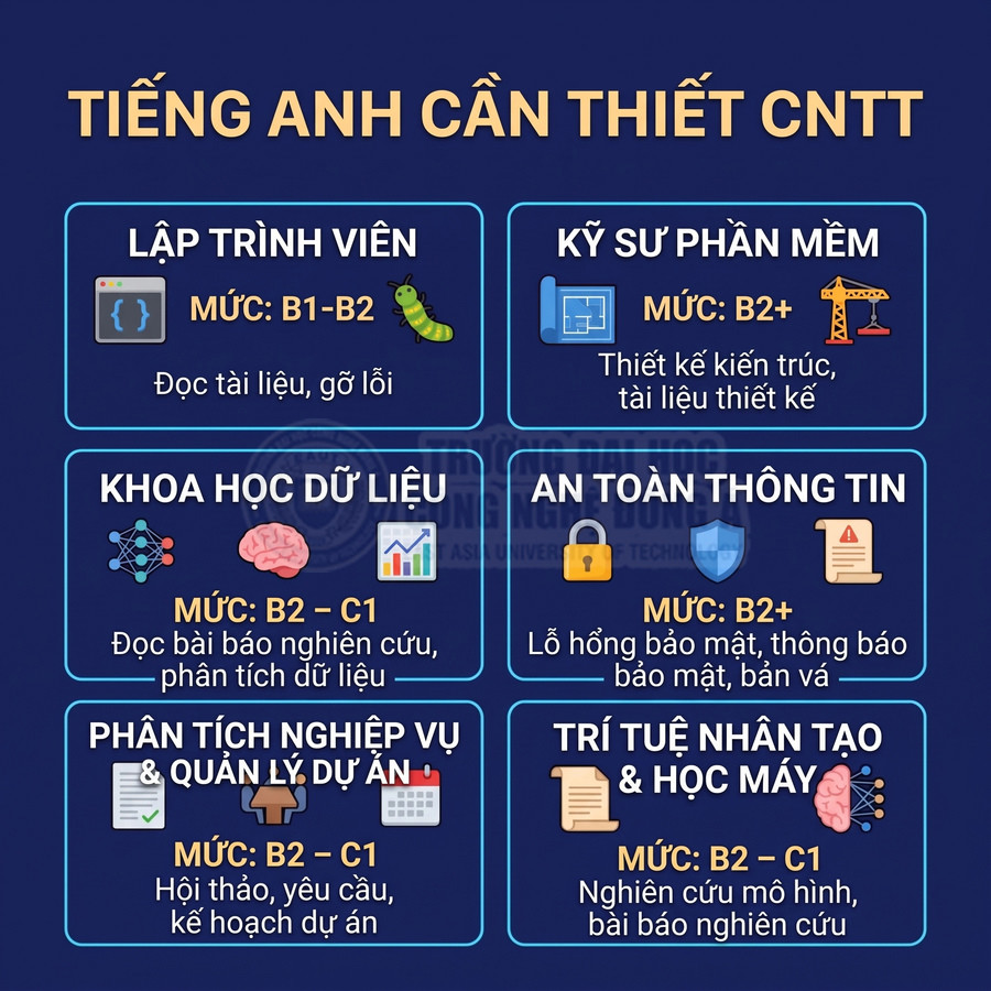 Infographic mức độ tiếng Anh cần thiết cho các vị trí CNTT như lập trình viên, khoa học dữ liệu, AI, an toàn thông tin