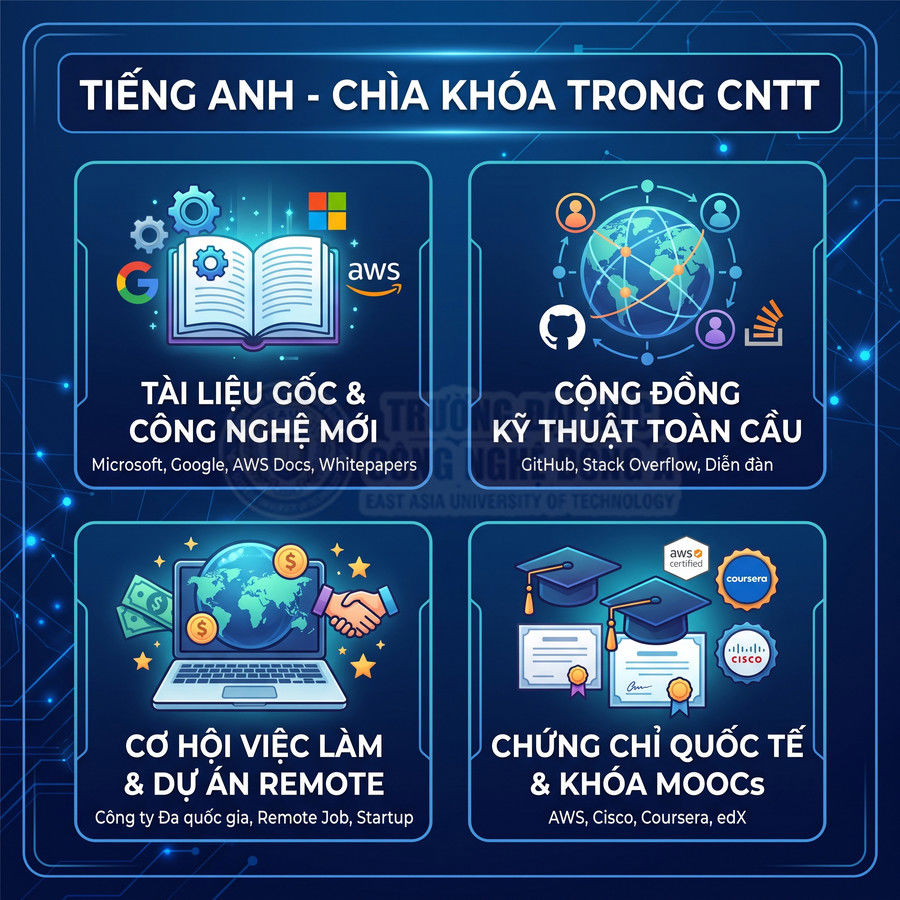 Tiếng Anh trong CNTT mở ra tài liệu gốc, cộng đồng kỹ thuật, cơ hội việc làm remote và chứng chỉ quốc tế