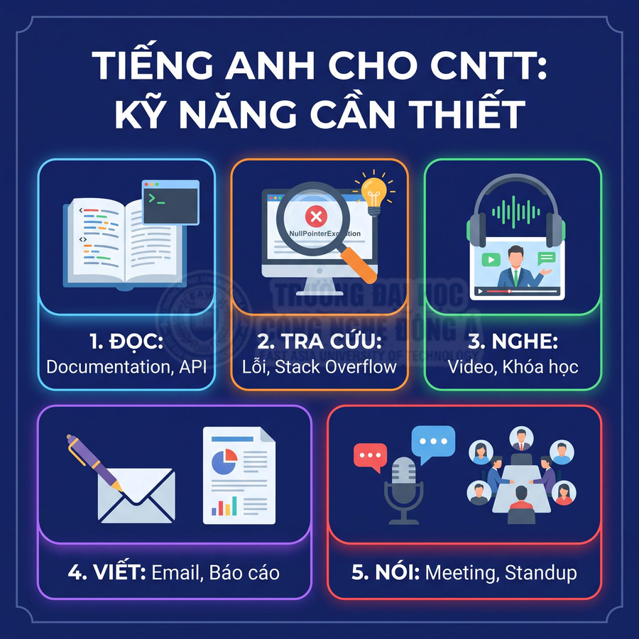 Tiếng Anh cho CNTT với 5 kỹ năng cần thiết: đọc, tra cứu, nghe, viết và nói trong công việc lập trình