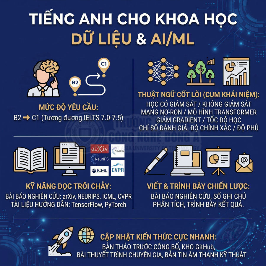 Poster khóa học tiếng Anh cho khoa học dữ liệu và AI ML với yêu cầu trình độ, kỹ năng đọc và viết nghiên cứu