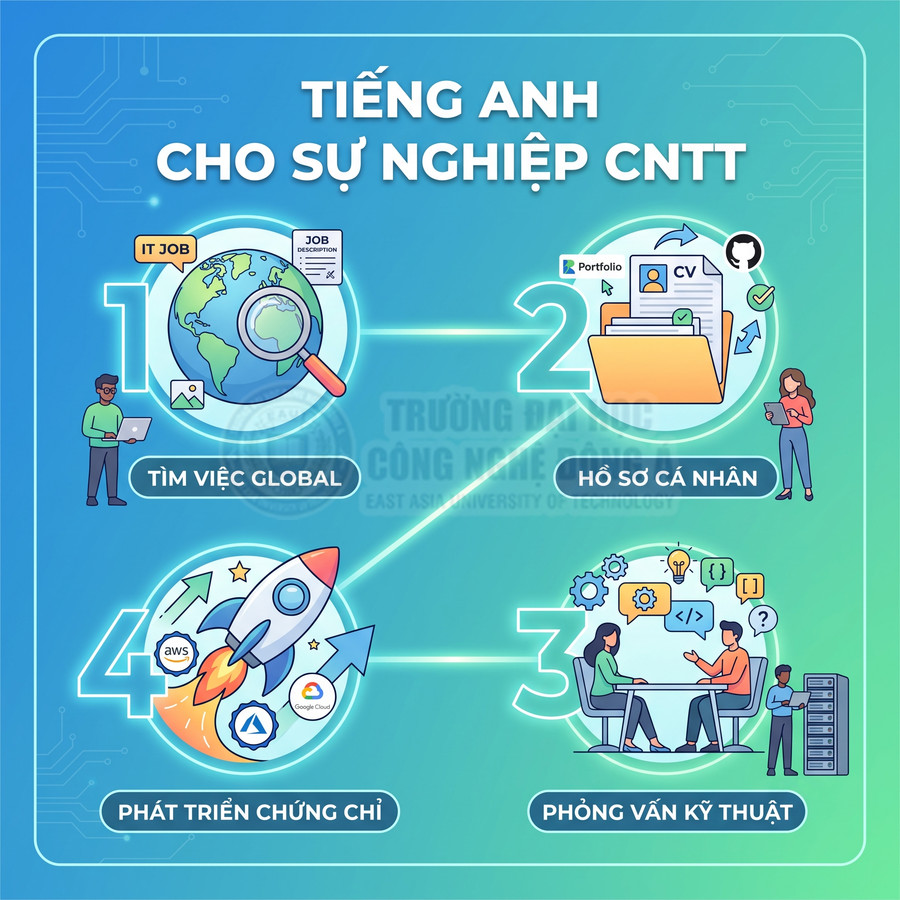 Tiếng Anh cho sự nghiệp CNTT với 4 lợi ích tìm việc global, hồ sơ cá nhân, phỏng vấn kỹ thuật, phát triển chứng chỉ