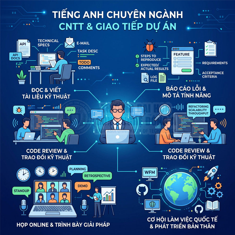 Poster khóa học tiếng Anh chuyên ngành CNTT và giao tiếp dự án với lập trình viên làm việc trên máy tính