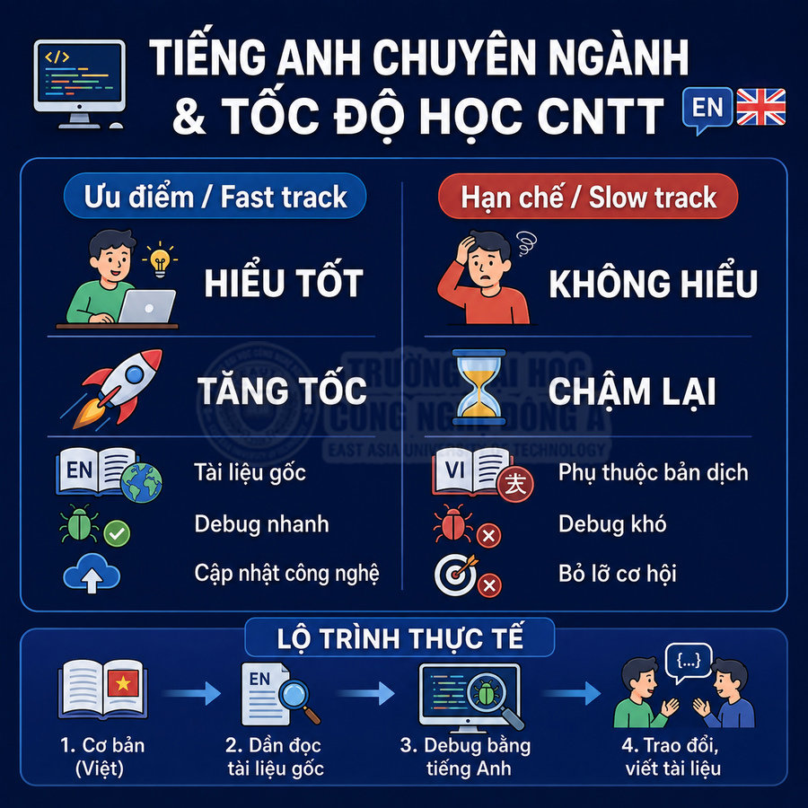 Infographic so sánh lợi ích tiếng Anh chuyên ngành với tốc độ học CNTT và lộ trình học từ cơ bản đến nâng cao