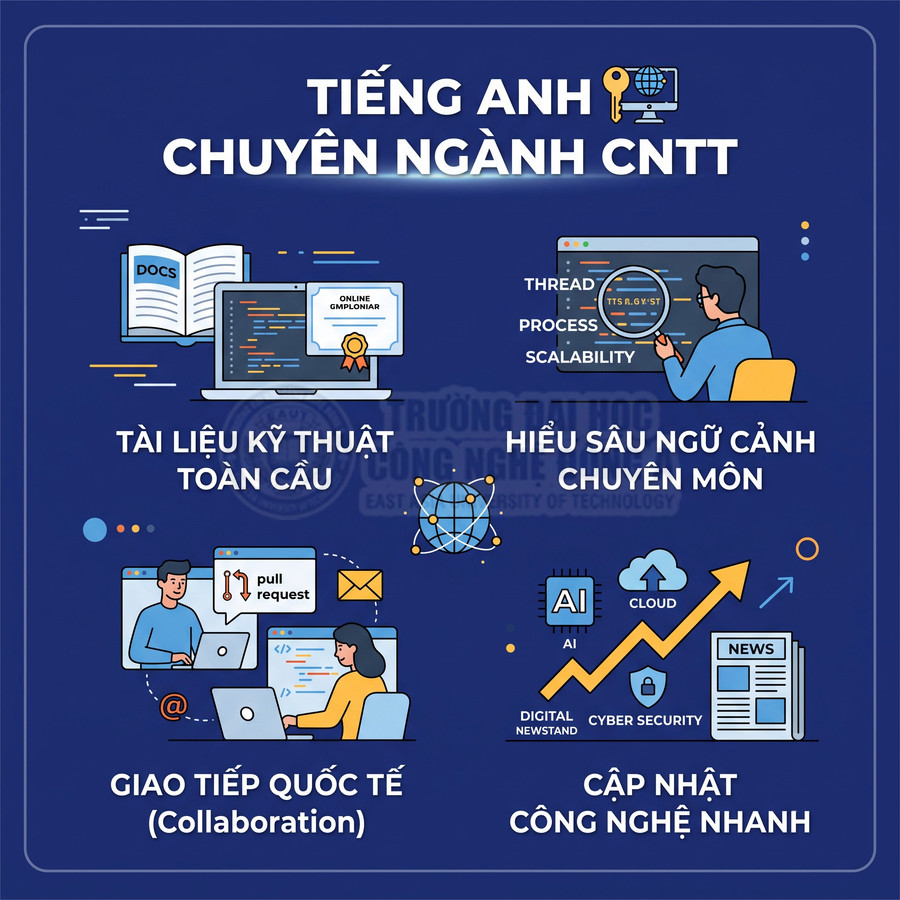Poster giới thiệu khóa học tiếng Anh chuyên ngành CNTT với lợi ích tài liệu kỹ thuật, giao tiếp quốc tế và cập nhật công nghệ