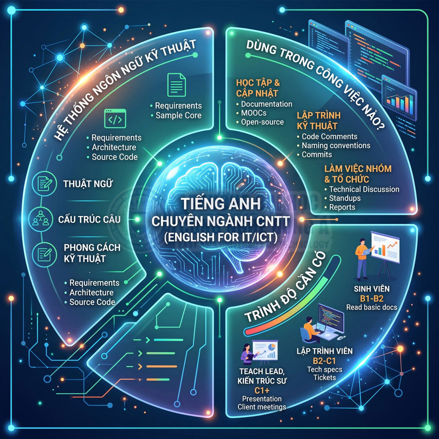 Infographic khóa học tiếng Anh chuyên ngành CNTT ICT, ứng dụng trong lập trình, làm việc nhóm và các vị trí IT
