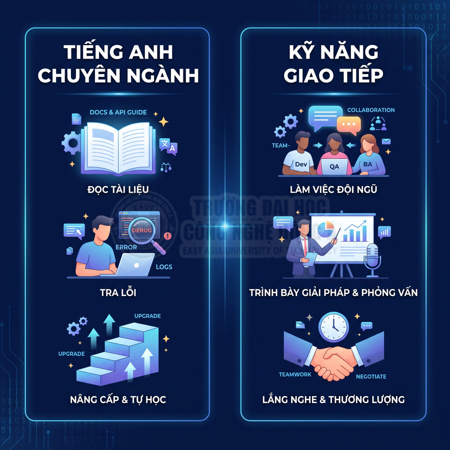 Poster kỹ năng tiếng Anh chuyên ngành và giao tiếp cho sinh viên công nghệ thông tin, minh họa học và làm việc đội ngũ