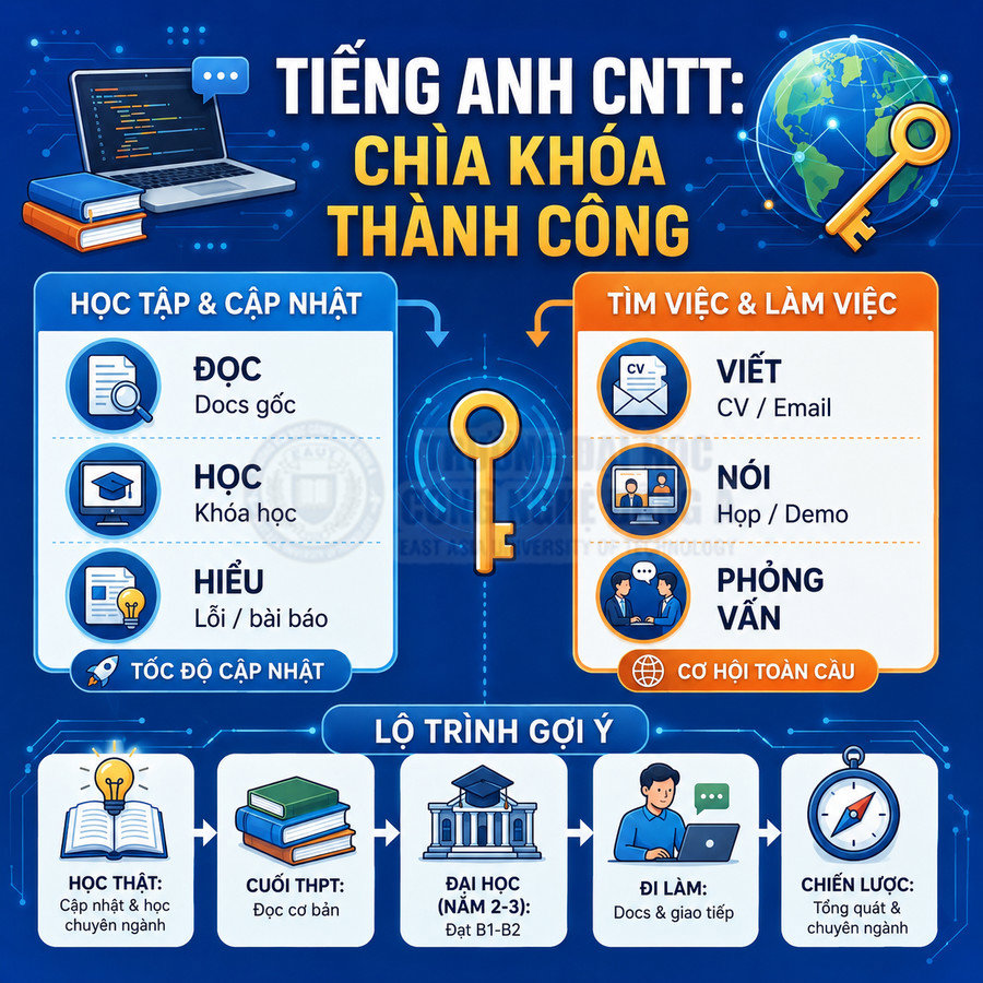 Infographic lộ trình học tiếng Anh CNTT để đọc tài liệu, viết CV email, phỏng vấn và phát triển sự nghiệp toàn cầu
