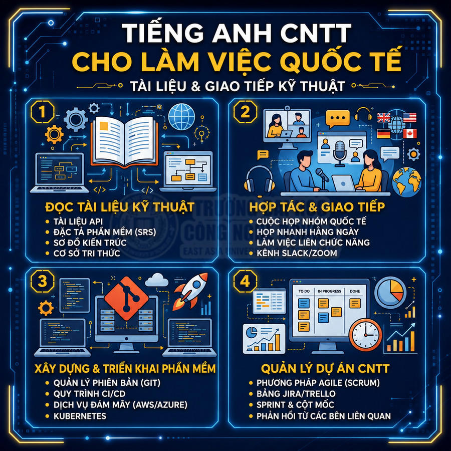 Tiếng Anh CNTT cho làm việc quốc tế, đọc tài liệu kỹ thuật, hợp tác giao tiếp và quản lý dự án phần mềm