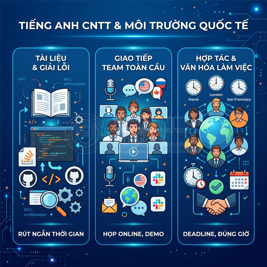 Tiếng Anh CNTT trong môi trường quốc tế với tài liệu kỹ thuật, họp online toàn cầu và hợp tác đúng deadline