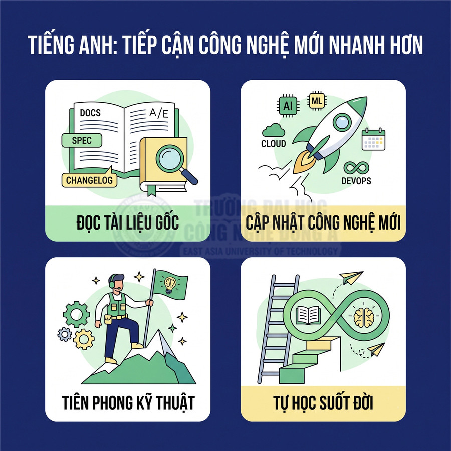 Poster lợi ích học tiếng Anh công nghệ: đọc tài liệu gốc, cập nhật công nghệ, tiên phong kỹ thuật, tự học suốt đời