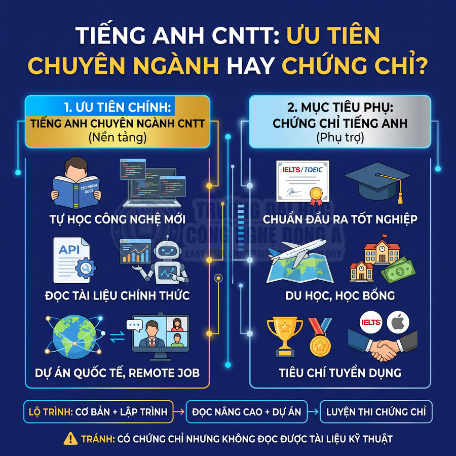 Infographic so sánh ưu tiên tiếng Anh chuyên ngành CNTT và chứng chỉ IELTS TOEIC cho sinh viên IT