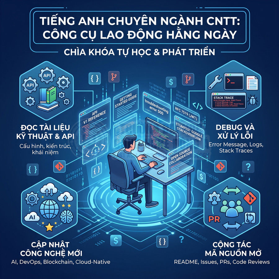 Tiếng Anh chuyên ngành CNTT cho lập trình viên đọc tài liệu kỹ thuật, debug lỗi và cộng tác mã nguồn mở