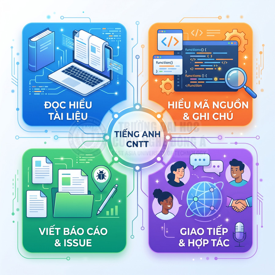 Minh họa kỹ năng tiếng Anh CNTT gồm đọc tài liệu, hiểu mã nguồn, viết báo cáo và giao tiếp hợp tác
