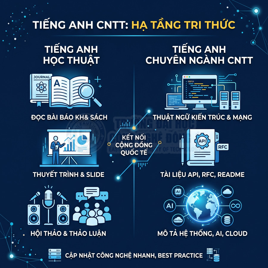 Infographic lợi ích tiếng Anh CNTT cho học thuật và chuyên ngành, kết nối cộng đồng quốc tế, cập nhật công nghệ mới