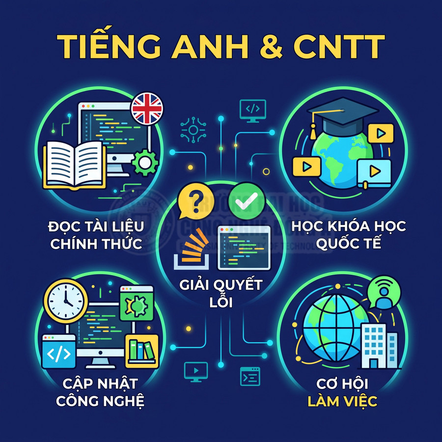 Lợi ích học tiếng Anh trong ngành CNTT như đọc tài liệu, giải quyết lỗi, học quốc tế và tăng cơ hội việc làm