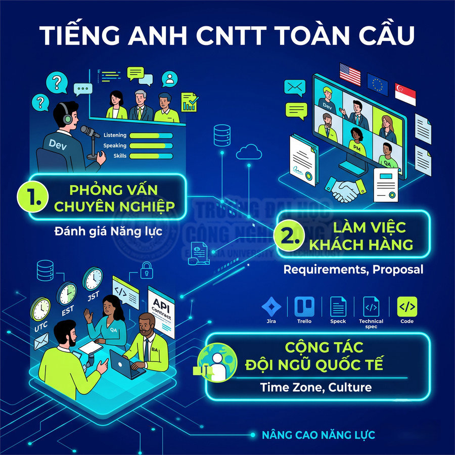 Poster khóa học tiếng Anh CNTT toàn cầu với các kỹ năng phỏng vấn, làm việc khách hàng và cộng tác đội ngũ quốc tế