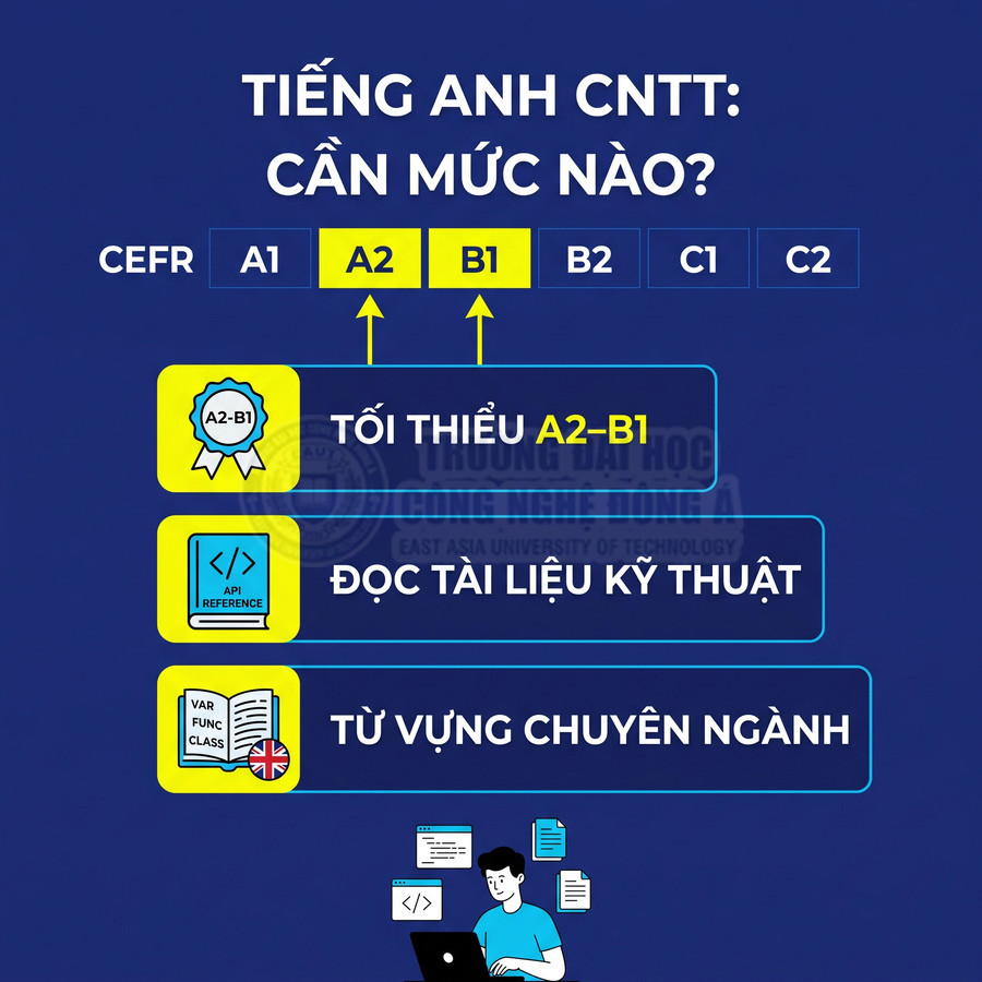 Infographic mức tiếng Anh CNTT cần A2 B1 để đọc tài liệu kỹ thuật và học từ vựng chuyên ngành
