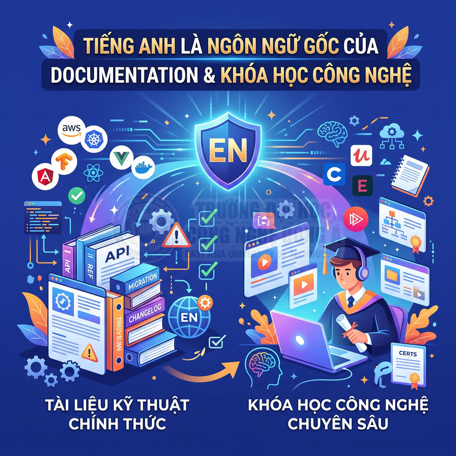 Minh họa tiếng Anh là ngôn ngữ gốc của tài liệu kỹ thuật và khóa học công nghệ chuyên sâu trên nền xanh