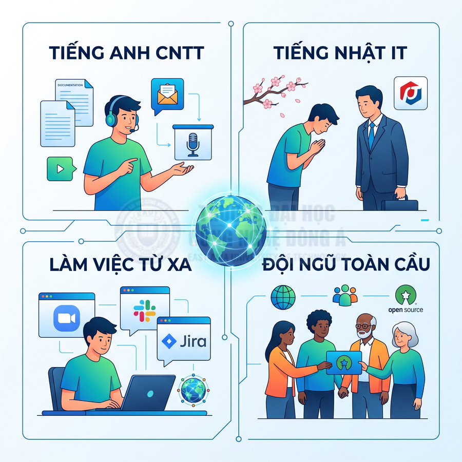 Minh họa khóa học tiếng Anh CNTT, tiếng Nhật IT, làm việc từ xa và đội ngũ lập trình viên toàn cầu