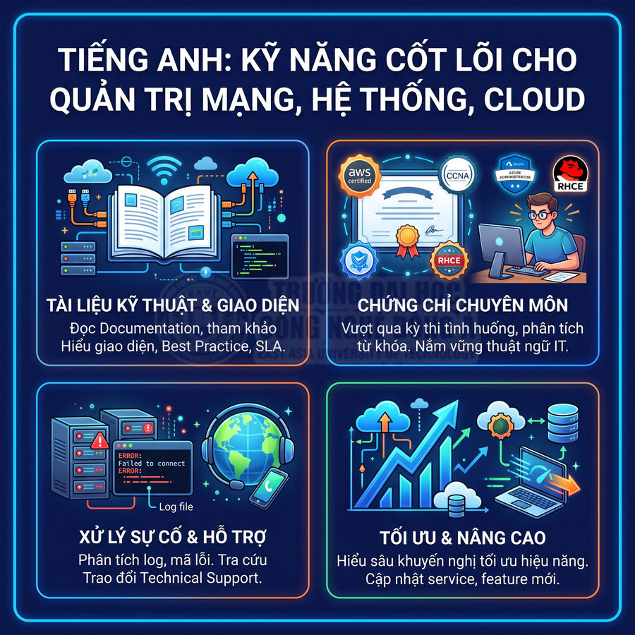 Infographic kỹ năng tiếng Anh cốt lõi cho quản trị mạng hệ thống cloud với tài liệu chứng chỉ xử lý sự cố tối ưu nâng cao