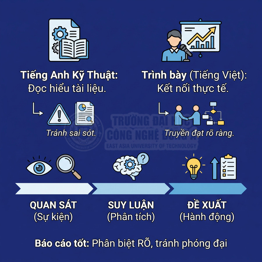 Hướng dẫn báo cáo kỹ thuật: đọc tài liệu tiếng Anh, trình bày tiếng Việt và quy trình quan sát, suy luận, đề xuất કાર્ય